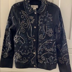 VGC Black beaded stretch denim jacket sz M w snaps